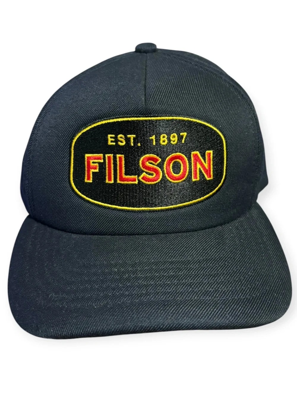 Filson Harvester SnapBack Cap Navy Blue Embroidered Patch EUC